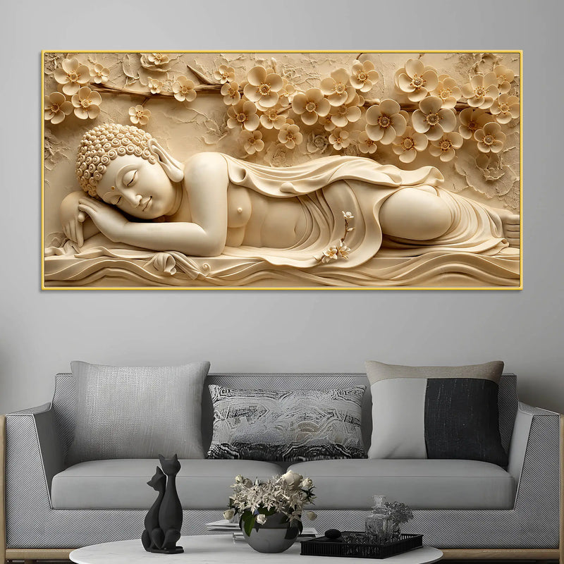 Peaceful Sleeping Buddha with Golden Blossoms 3D Canvas Wall Painting