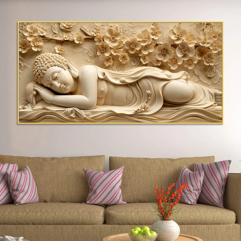 Peaceful Sleeping Buddha with Golden Blossoms 3D Canvas Wall Painting