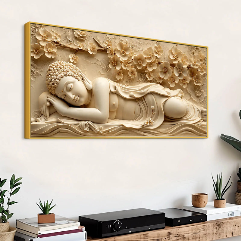 Peaceful Sleeping Buddha with Golden Blossoms 3D Canvas Wall Painting