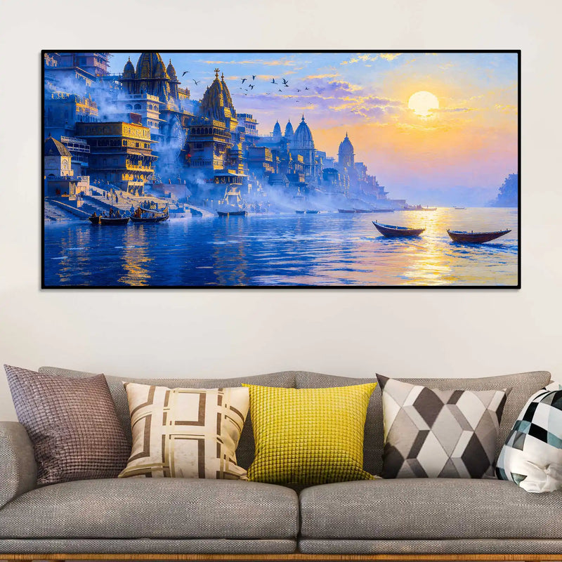 Peaceful Varanasi Ghat Sunrise Canvas Painting for for Home Wall