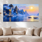 Peaceful Varanasi Ghat Sunrise Canvas Painting for for Home Wall