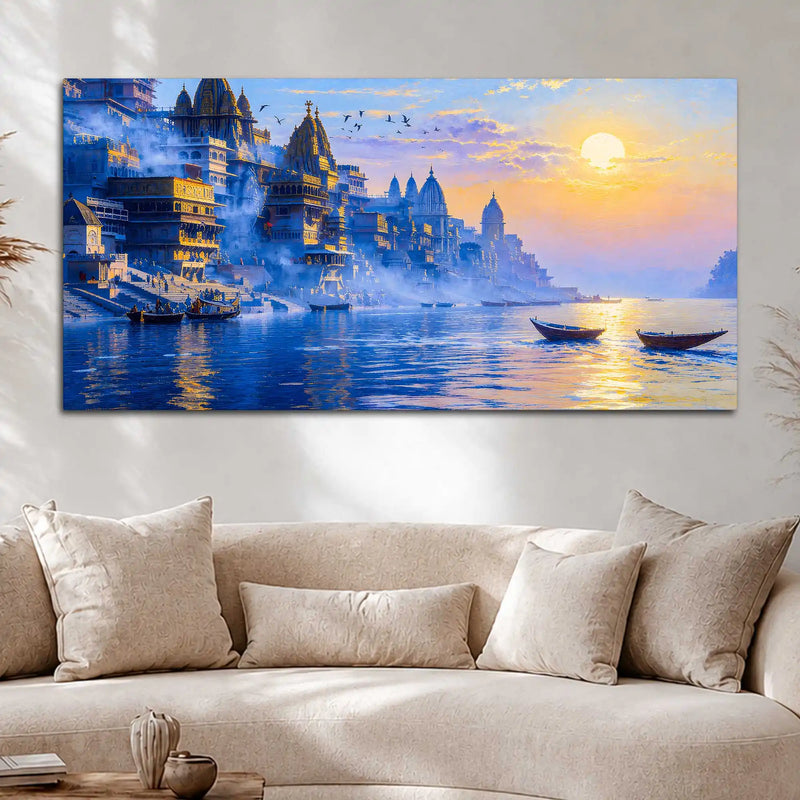 Peaceful Varanasi Ghat Sunrise Canvas Painting for for Home Wall