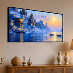 Peaceful Varanasi Ghat Sunrise Canvas Painting for for Home Wall