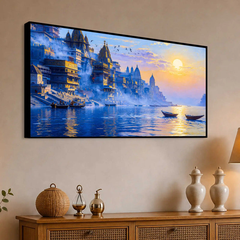 Peaceful Varanasi Ghat Sunrise Canvas Painting for for Home Wall