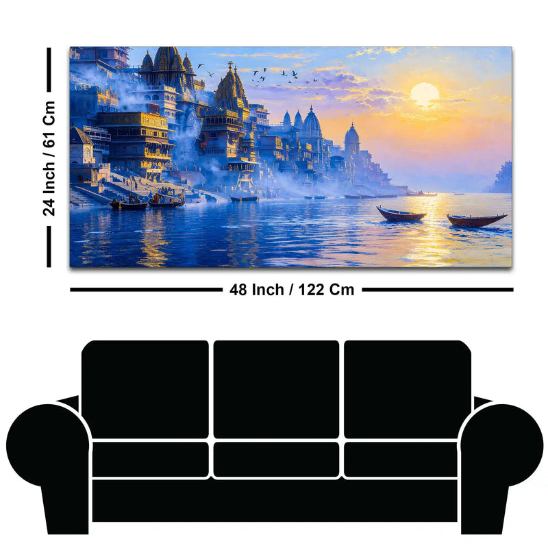 Peaceful Varanasi Ghat Sunrise Canvas Painting for for Home Wall