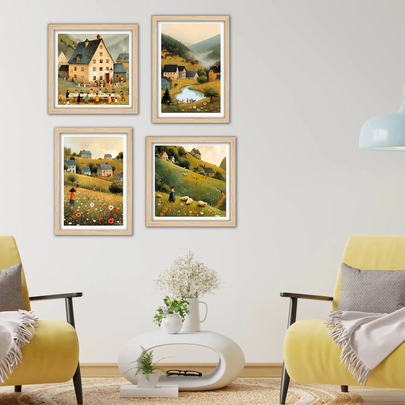 Peaceful Village Wall Art Frame Set of 4 for Bedroom and Living Room