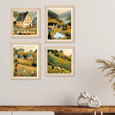 Peaceful Village Wall Art Frame Set of 4 for Bedroom and Living Room