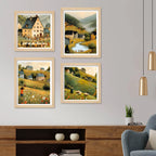 Peaceful Village Wall Art Frame Set of 4 for Bedroom and Living Room