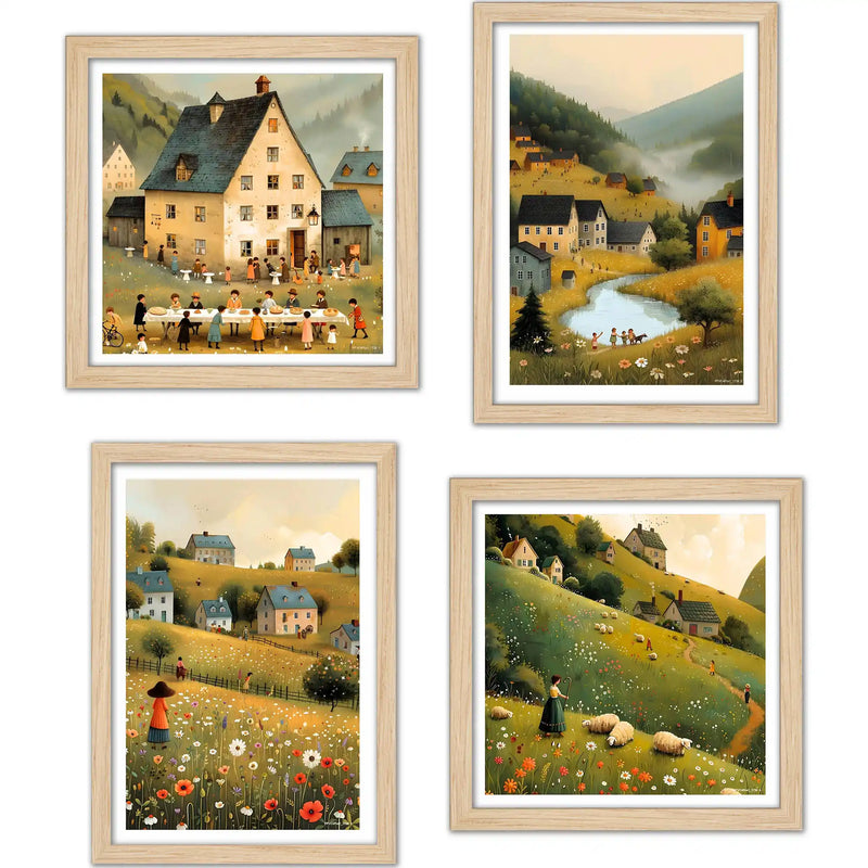 Peaceful Village Wall Art Frame Set of 4 for Bedroom and Living Room