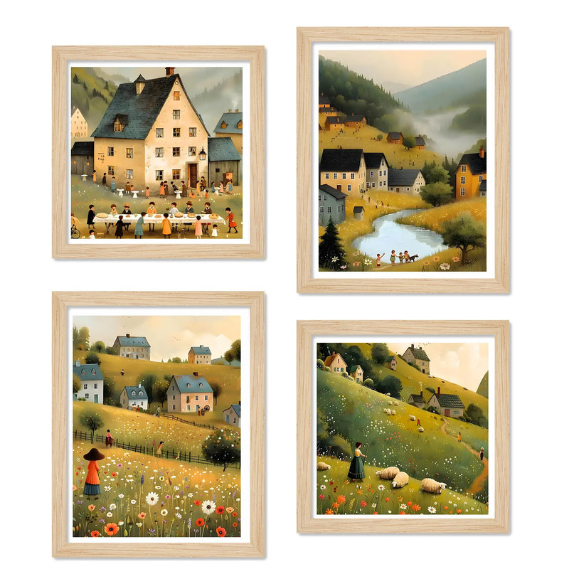 Peaceful Village Wall Art Frame Set of 4 for Bedroom and Living Room