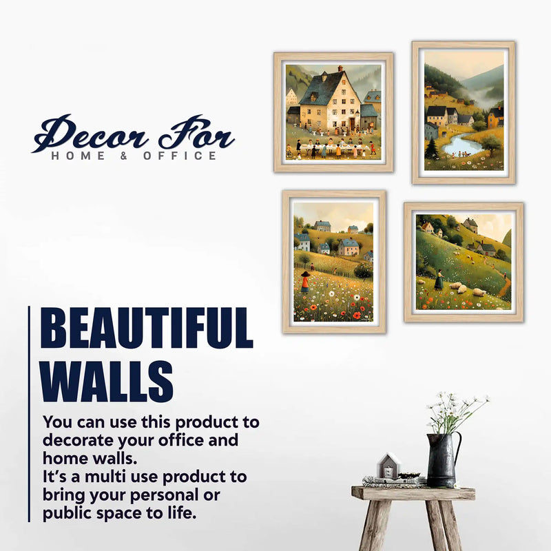 Peaceful Village Wall Art Frame Set of 4 for Bedroom and Living Room