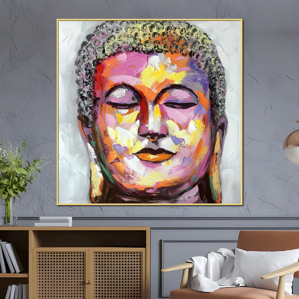 Peaceful Vibrant Buddha Hand Painted Wall Painting with Floating Frame