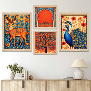 Peacock Deer Tree Indian Folk Art Wall Frame Set of Four