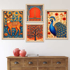 Peacock Deer Tree Indian Folk Art Wall Frame Set of Four
