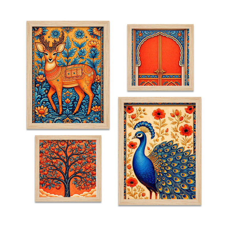 Peacock Deer Tree Indian Folk Art Wall Frame Set of Four