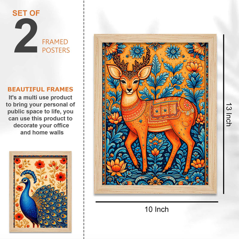 Peacock Deer Tree Indian Folk Art Wall Frame Set of Four