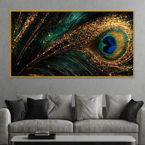 Peacock Feather Crystal Glass Wall Painting with Luxury Gold Detailing for Modern Home Decor