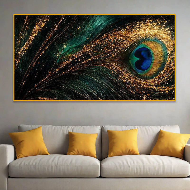 Peacock Feather Crystal Glass Wall Painting with Luxury Gold Detailing for Modern Home Decor