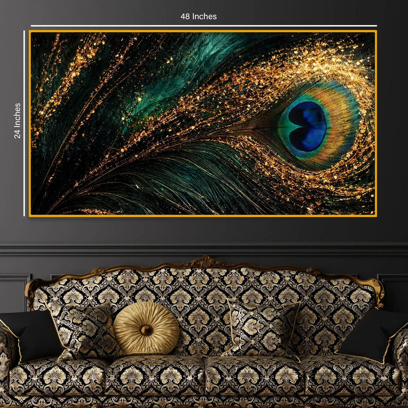 Peacock Feather Crystal Glass Wall Painting with Luxury Gold Detailing for Modern Home Decor