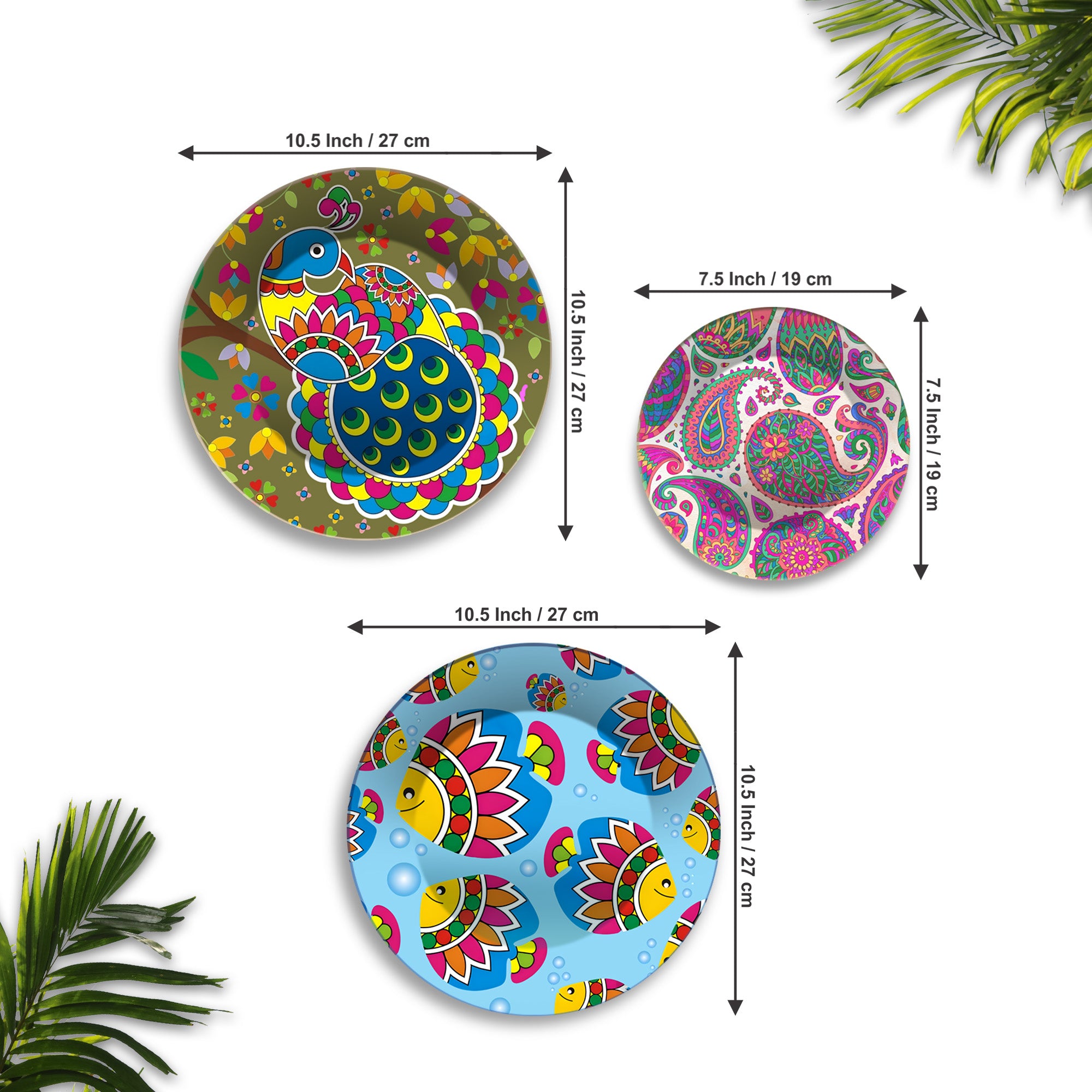 Peacock Fish & Paisley Folk Fiesta Premium Wall Plates Painting Set of 3