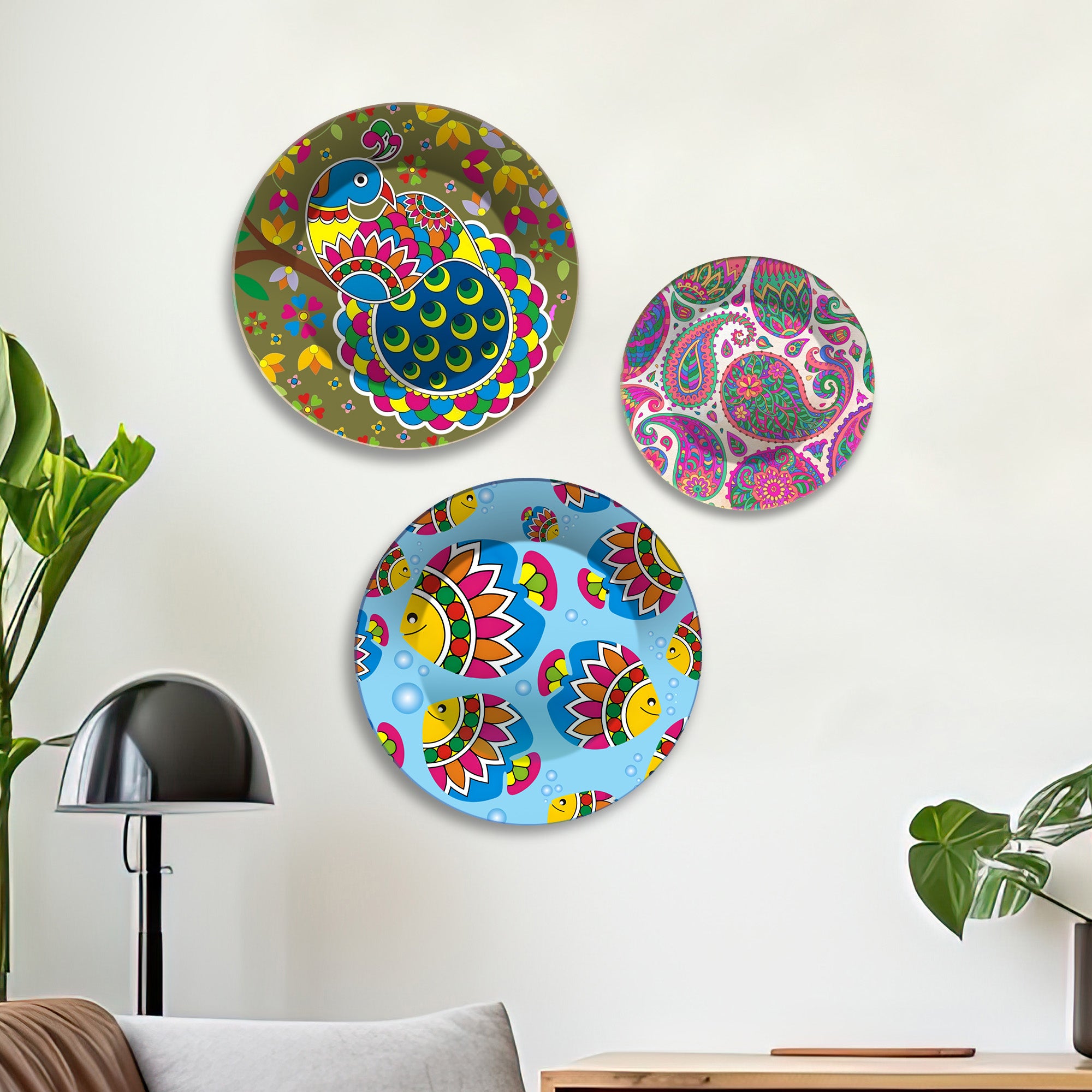 Peacock Fish & Paisley Folk Fiesta Premium Wall Plates Painting Set of 3