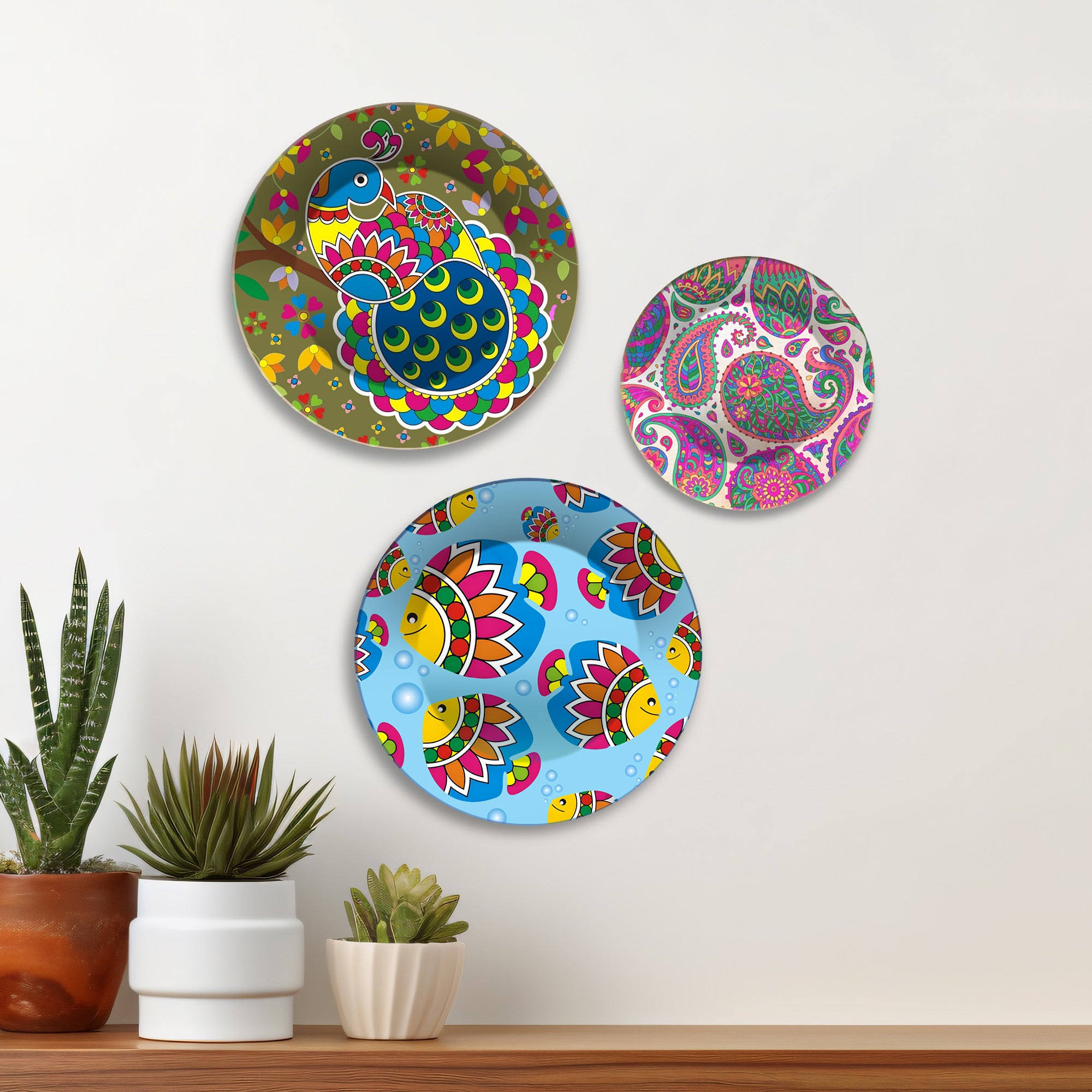 Peacock Fish & Paisley Folk Fiesta Premium Wall Plates Painting Set of 3