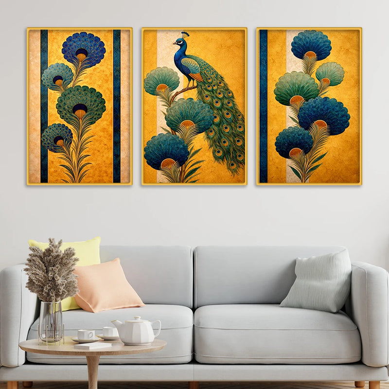 Peacock Floral Canvas Wall Painting Set of Three