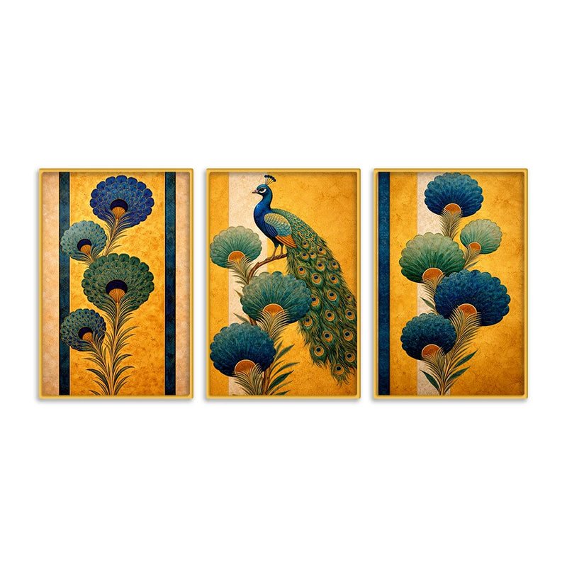 Peacock Floral Canvas Wall Painting Set of Three