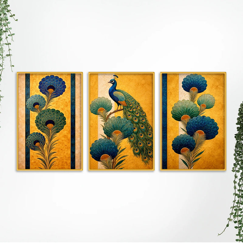 Peacock Floral Canvas Wall Painting Set of Three