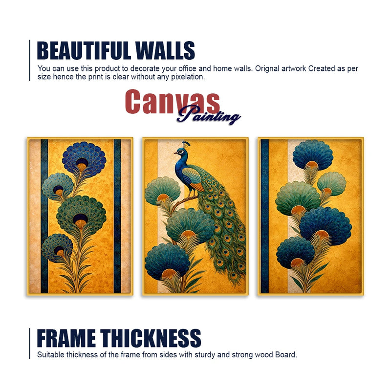 Peacock Floral Canvas Wall Painting Set of Three