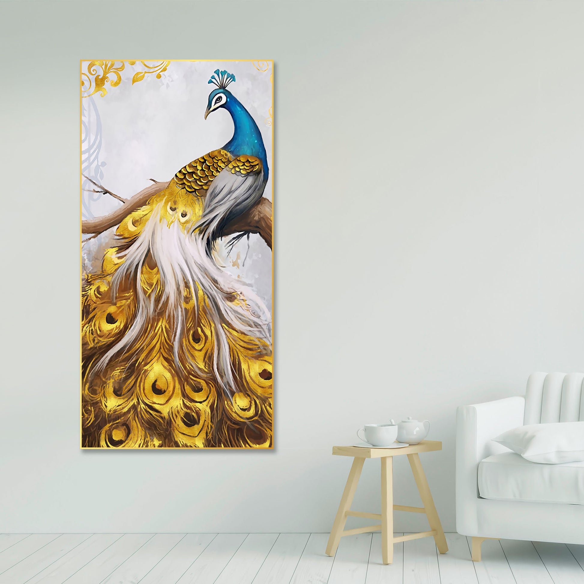 Peacock Golden Feather Floating Canvas Wall Painting