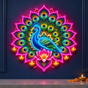 Peacock Lotus & Diya Mandala Neon Wall Light for Home & Shop Decoration