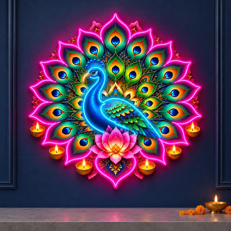 Peacock Lotus & Diya Mandala Neon Wall Light for Home & Shop Decoration