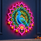 Peacock Lotus & Diya Mandala Neon Wall Light for Home & Shop Decoration