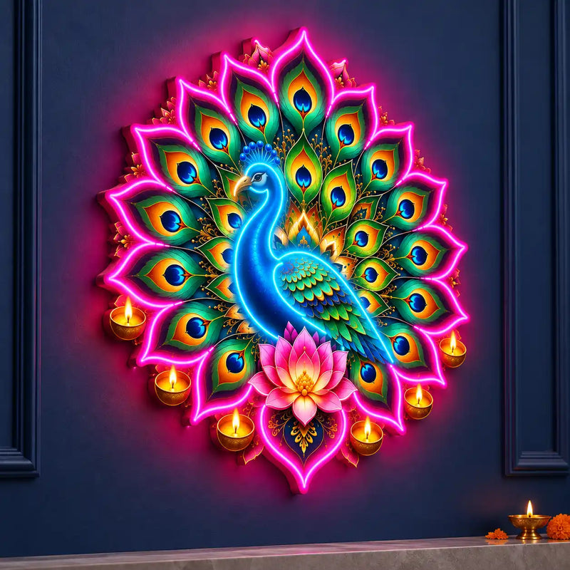 Peacock Lotus & Diya Mandala Neon Wall Light for Home & Shop Decoration