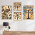 Peacock & Tree Nature Inspired Folk Art Wall Frame Set of Four