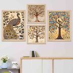 Peacock & Tree Nature Inspired Folk Art Wall Frame Set of Four