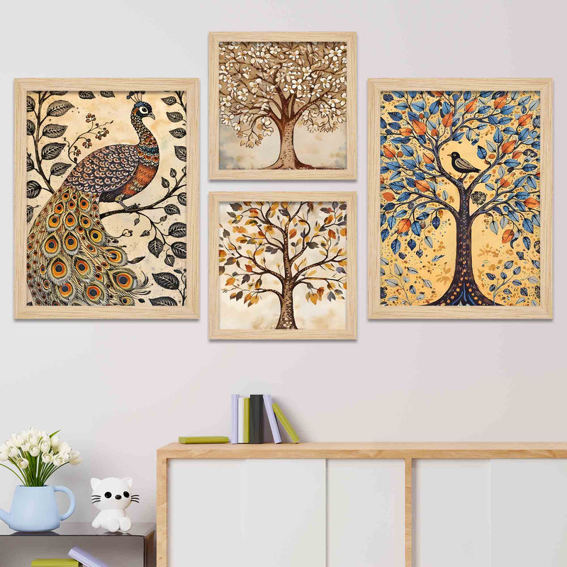 Peacock & Tree Nature Inspired Folk Art Wall Frame Set of Four