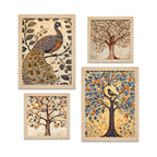 Peacock & Tree Nature Inspired Folk Art Wall Frame Set of Four