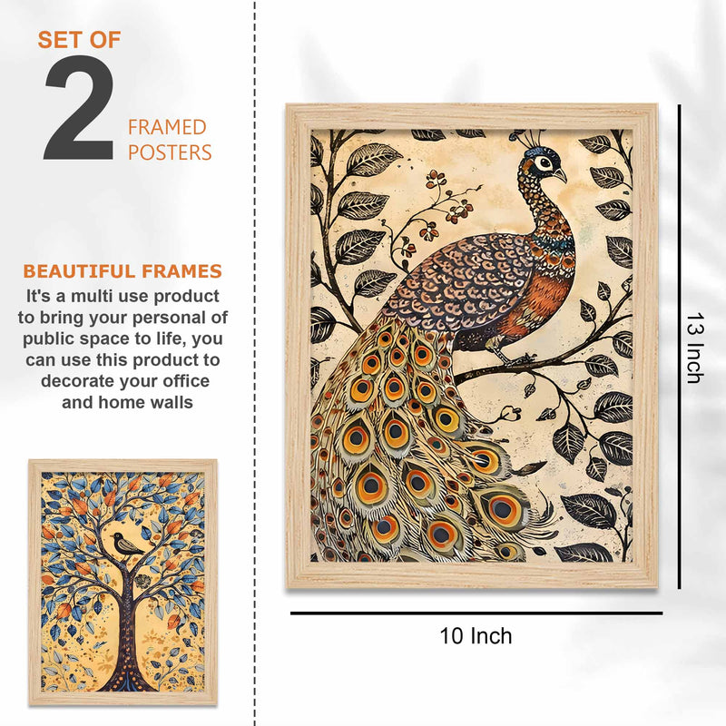 Peacock & Tree Nature Inspired Folk Art Wall Frame Set of Four