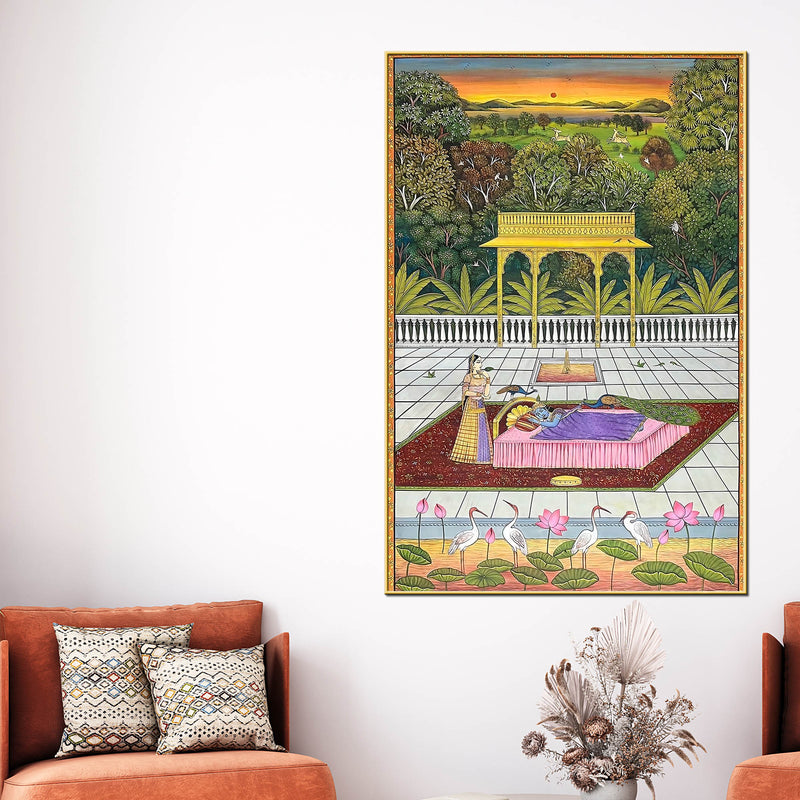 Peacocks Teasing Lord Krishna While He Is Sleeping Canvas Wall Painting