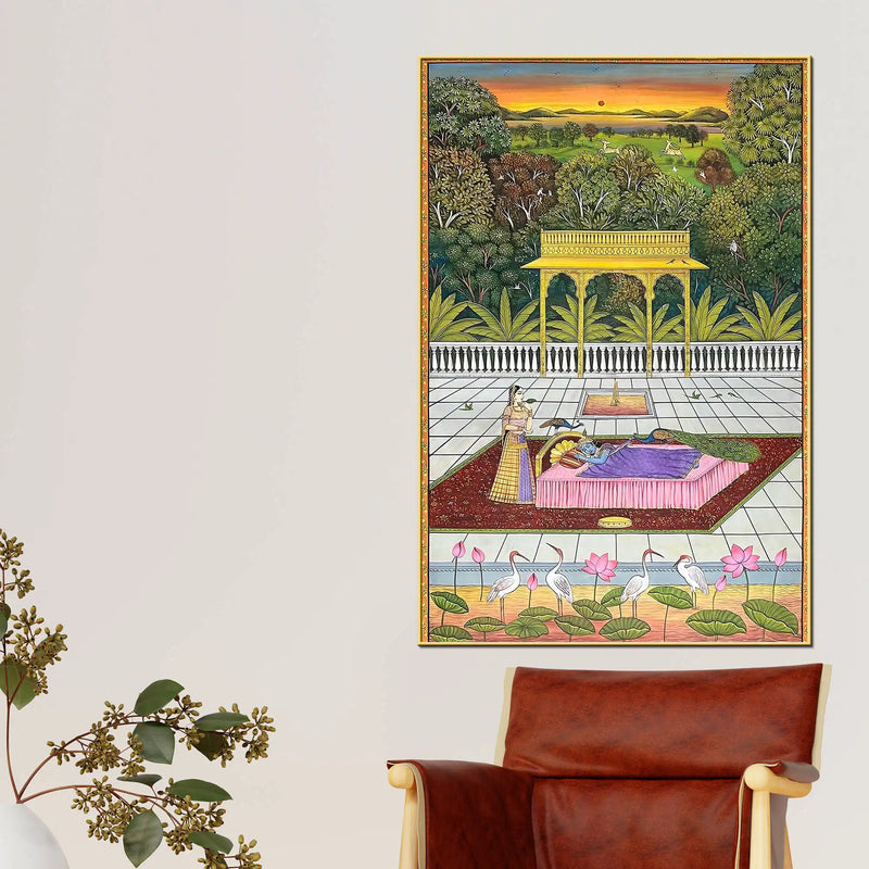 Peacocks Teasing Lord Krishna While He Is Sleeping Canvas Wall Painting
