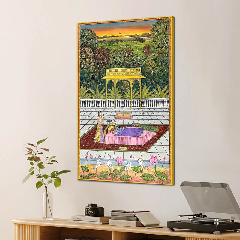 Peacocks Teasing Lord Krishna While He Is Sleeping Canvas Wall Painting