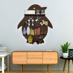 Penguin Backlit Designer Wooden Wall Shelf / Book Shelf / Night Light, Walnut Finish