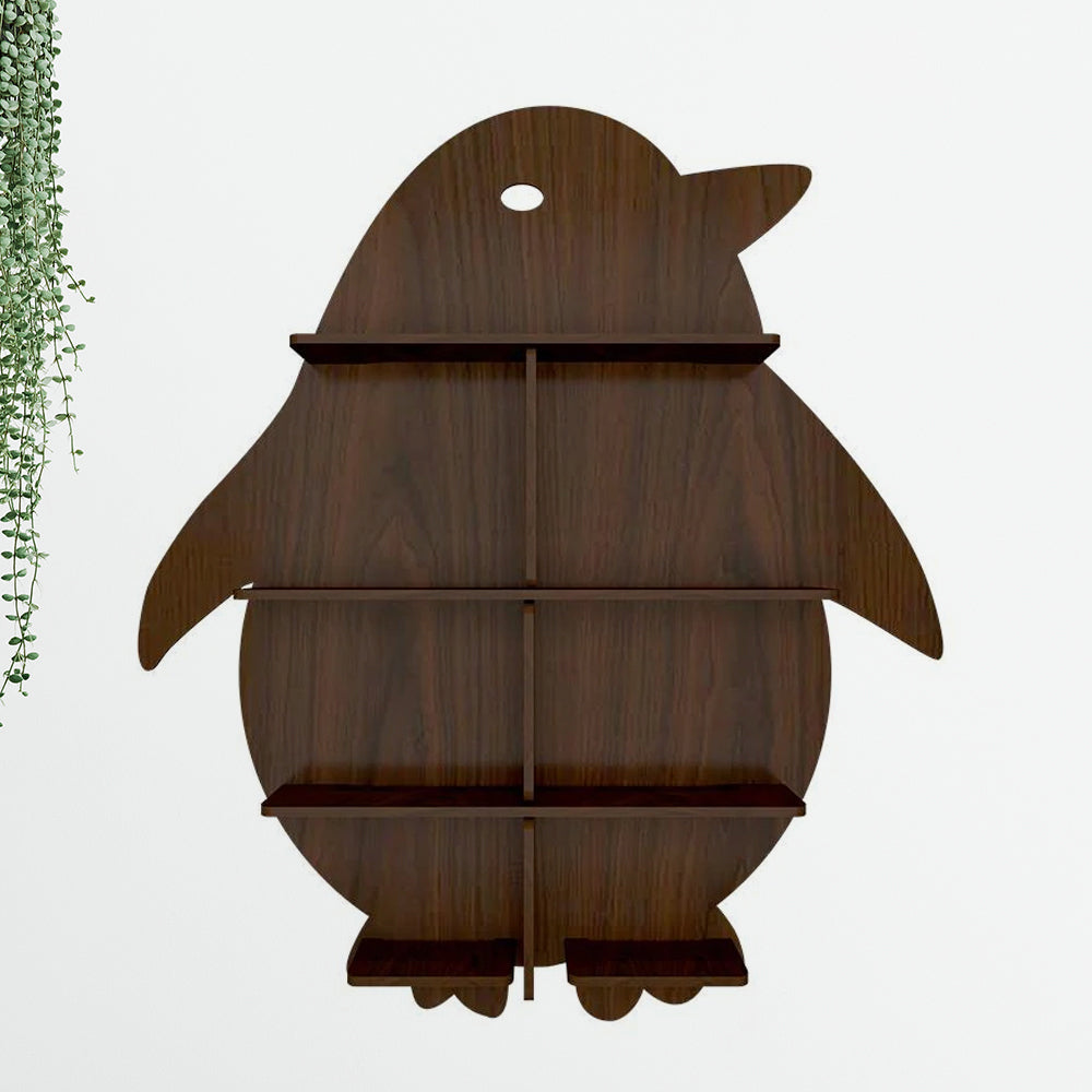 Penguin Backlit Designer Wooden Wall Shelf / Book Shelf / Night Light, Walnut Finish