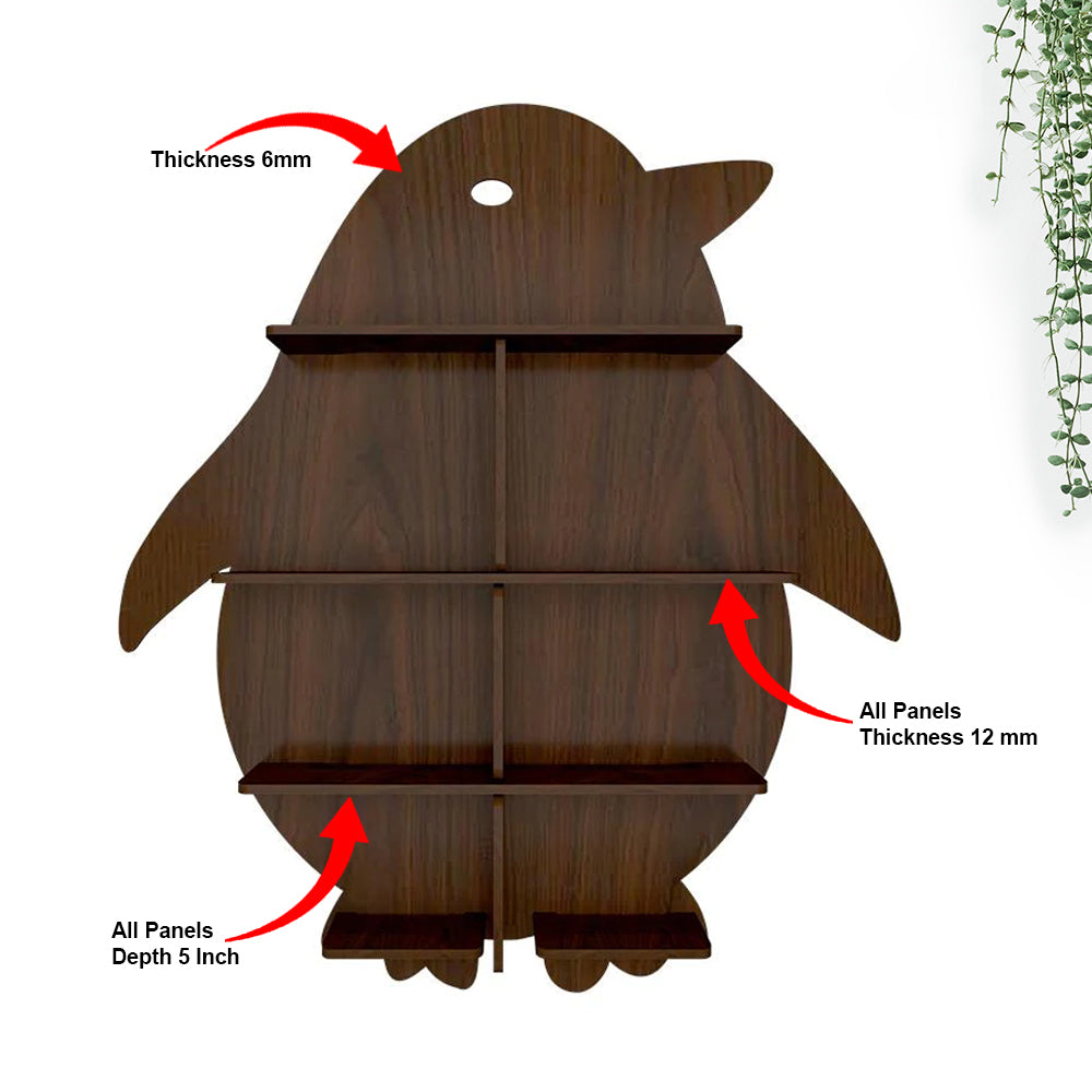 Penguin Backlit Designer Wooden Wall Shelf / Book Shelf / Night Light, Walnut Finish