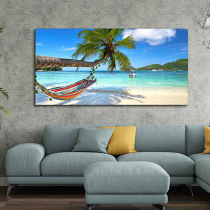 Perfect Beach with Palm Tree and Hammock Premium Canvas Wall Hanging