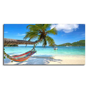 Perfect Beach with Palm Tree and Hammock Premium Canvas Wall Hanging