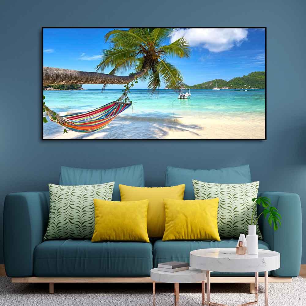 Perfect Beach with Palm Tree and Hammock Premium Canvas Wall Hanging