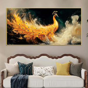 Phenomenal Golden Peacock Rising Through Mist Abstract Canvas Wall Painting